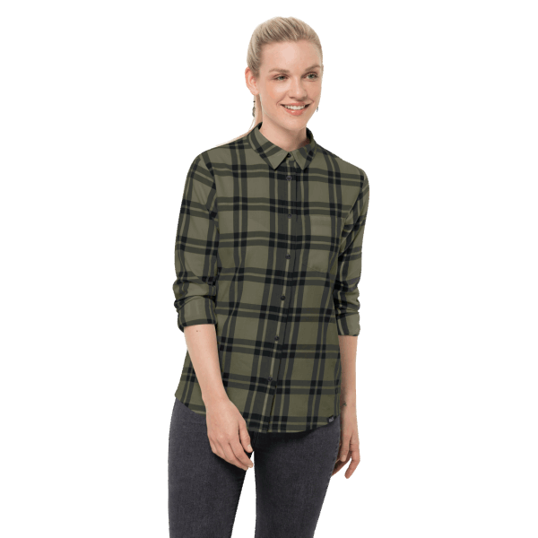 Jack Wolfskin Dames Passagier Overhemd Stoffige Olijf Ruiten Origineel