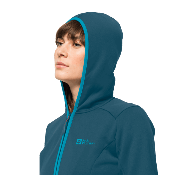 Nieuwe Blauwe Koraal Jack Wolfskin Baiselberg-damescapuchon Met Volledige Ritssluiting
