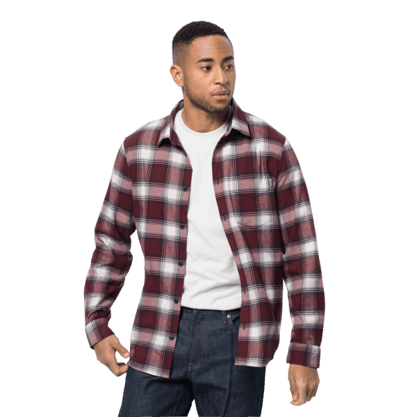 Fashion Cordovan Rood Geruit Jack Wolfskin Trailshirt Voor Heren